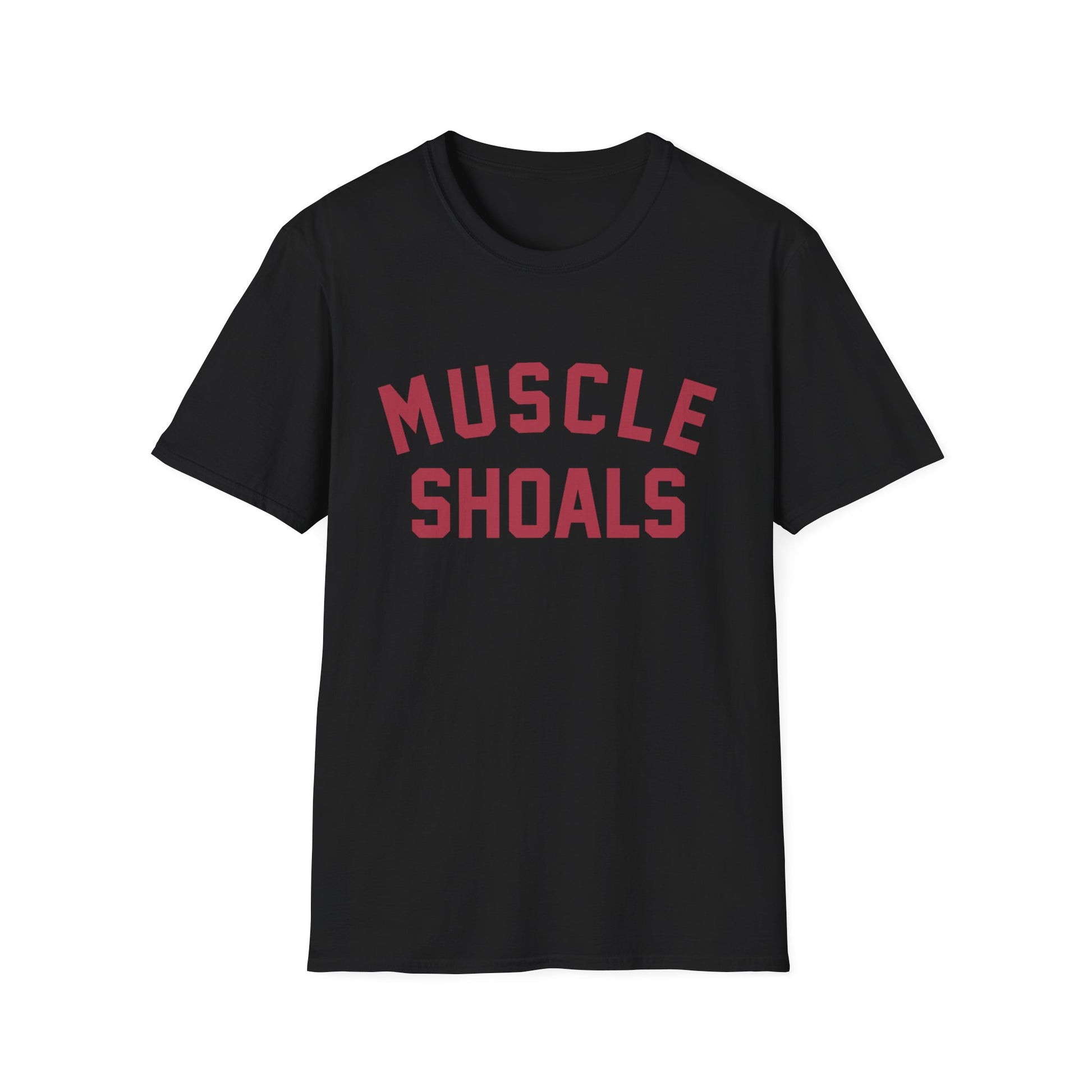 Black t-shirt with red text that says "MUSCLE SHOALS"