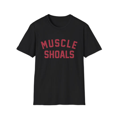 Black t-shirt with red text that says "MUSCLE SHOALS"