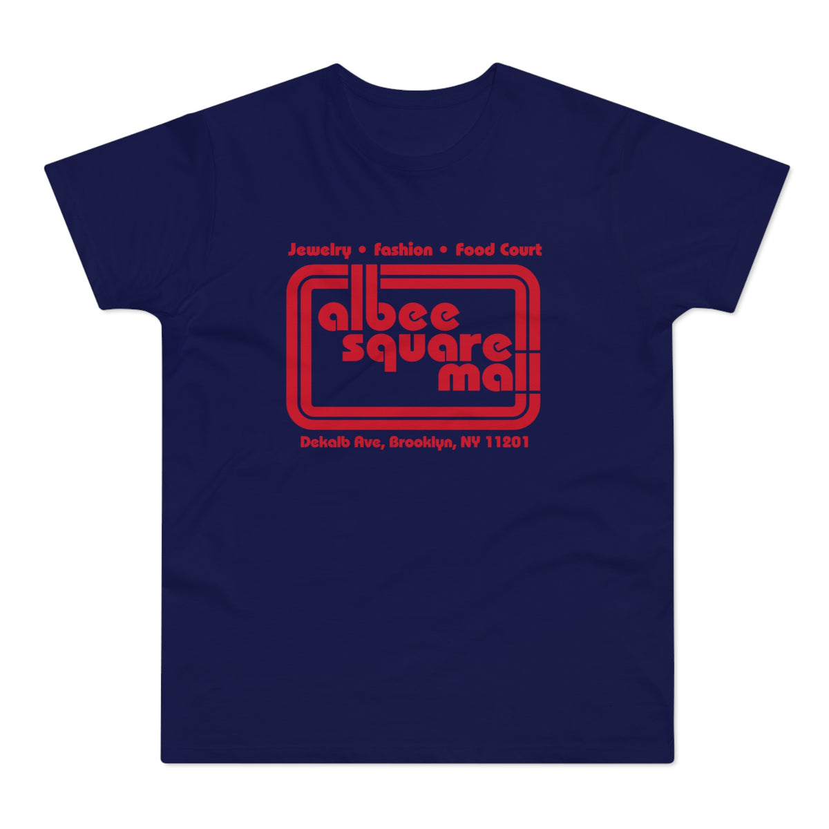 Navy t-shirt with red Albee Square Mall logo and Brooklyn address.