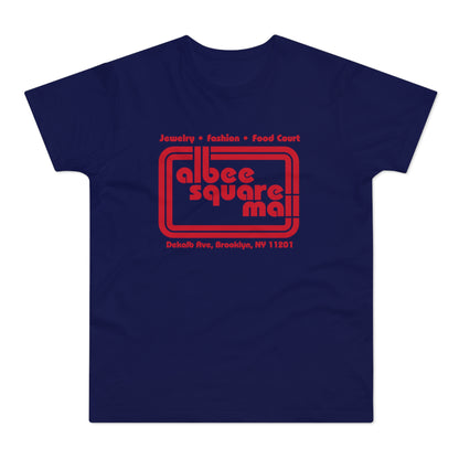 Navy t-shirt with red Albee Square Mall logo and Brooklyn address.