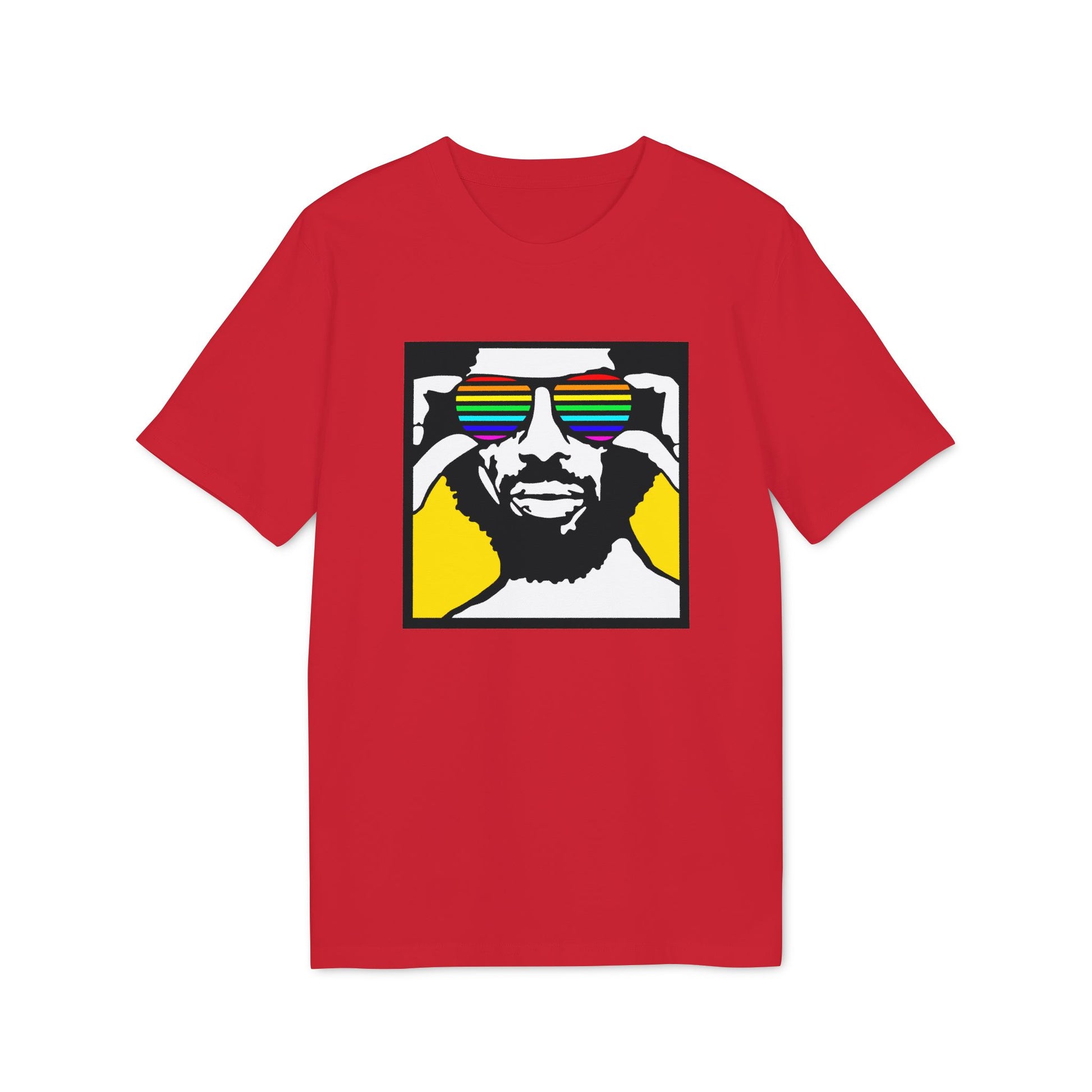 Red t-shirt with black linework graphic of a man wearing rainbow striped sunglasses.
