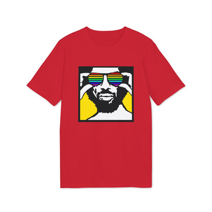 Red t-shirt with black linework graphic of a man wearing rainbow striped sunglasses.