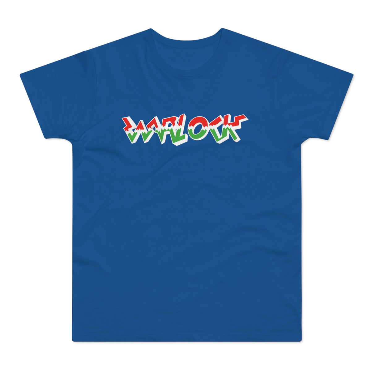 Blue t-shirt with "WARLOCK" in jagged red, white, and green lettering.