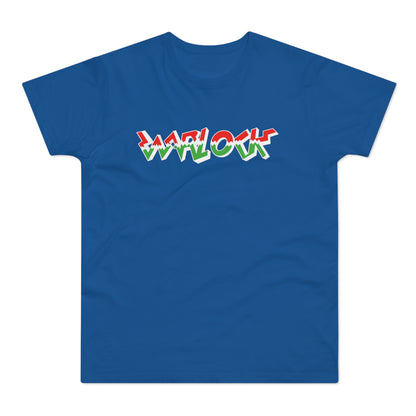 Blue t-shirt with "WARLOCK" in jagged red, white, and green lettering.