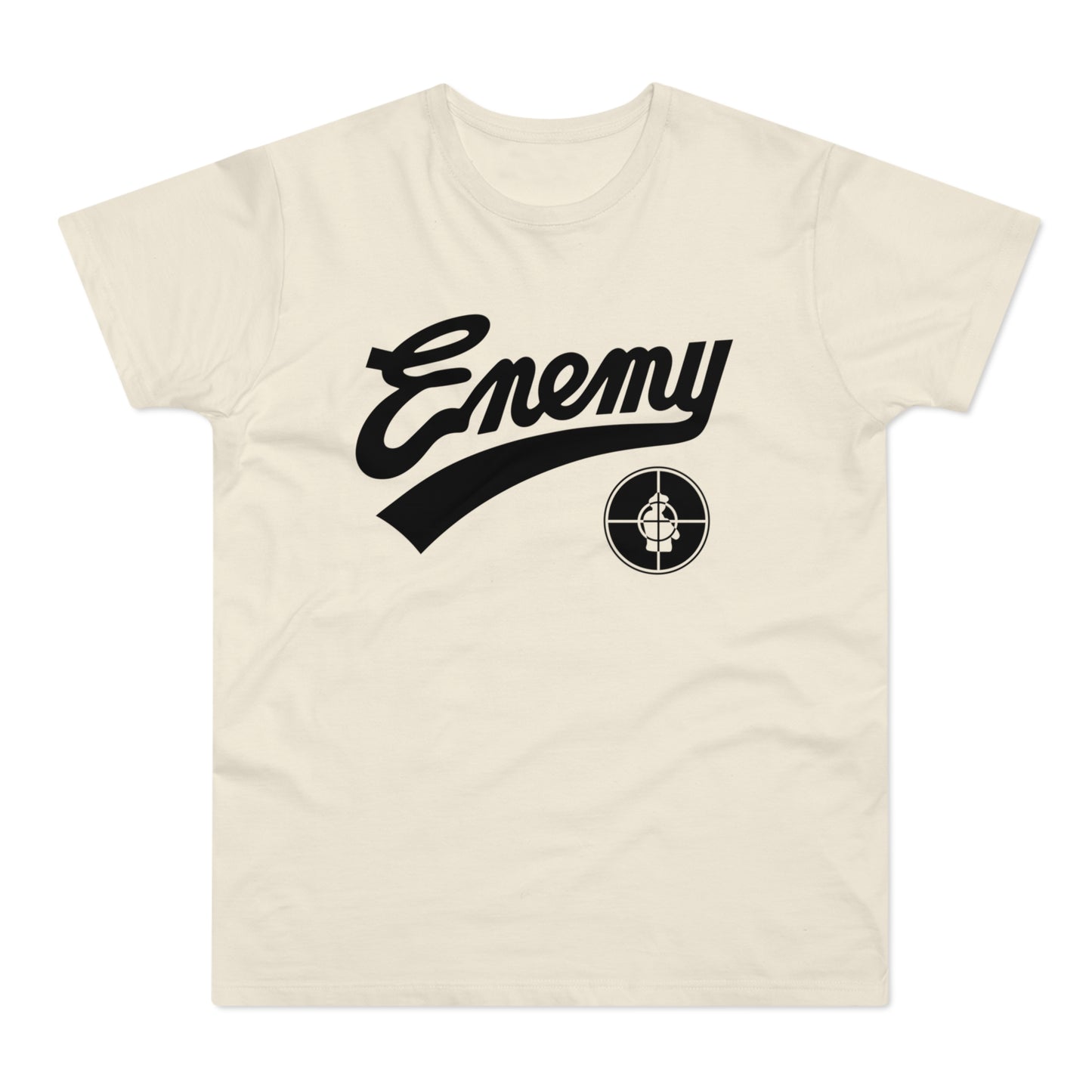 Cream t-shirt with black "Enemy" text and a target logo.
