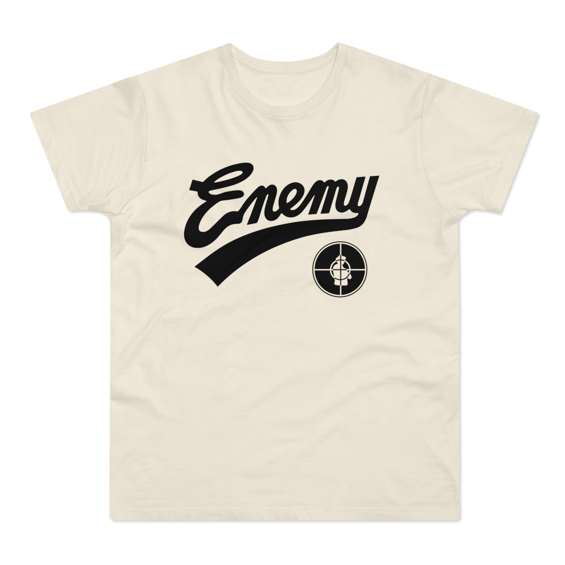 Cream t-shirt with black "Enemy" text and a target logo.
