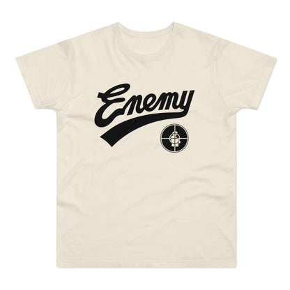 Cream t-shirt with black "Enemy" text and a target logo.