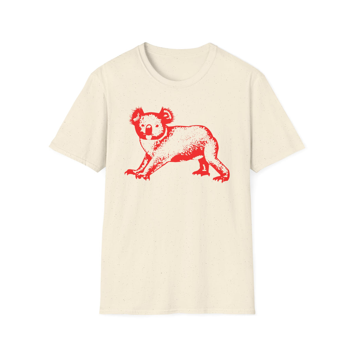 Cream t-shirt with a red graphic print of a koala.