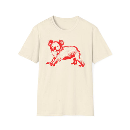 Cream t-shirt with a red graphic print of a koala.