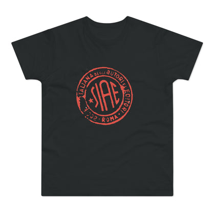 A black short-sleeved t-shirt featuring a red circular SIAE logo on the chest.
