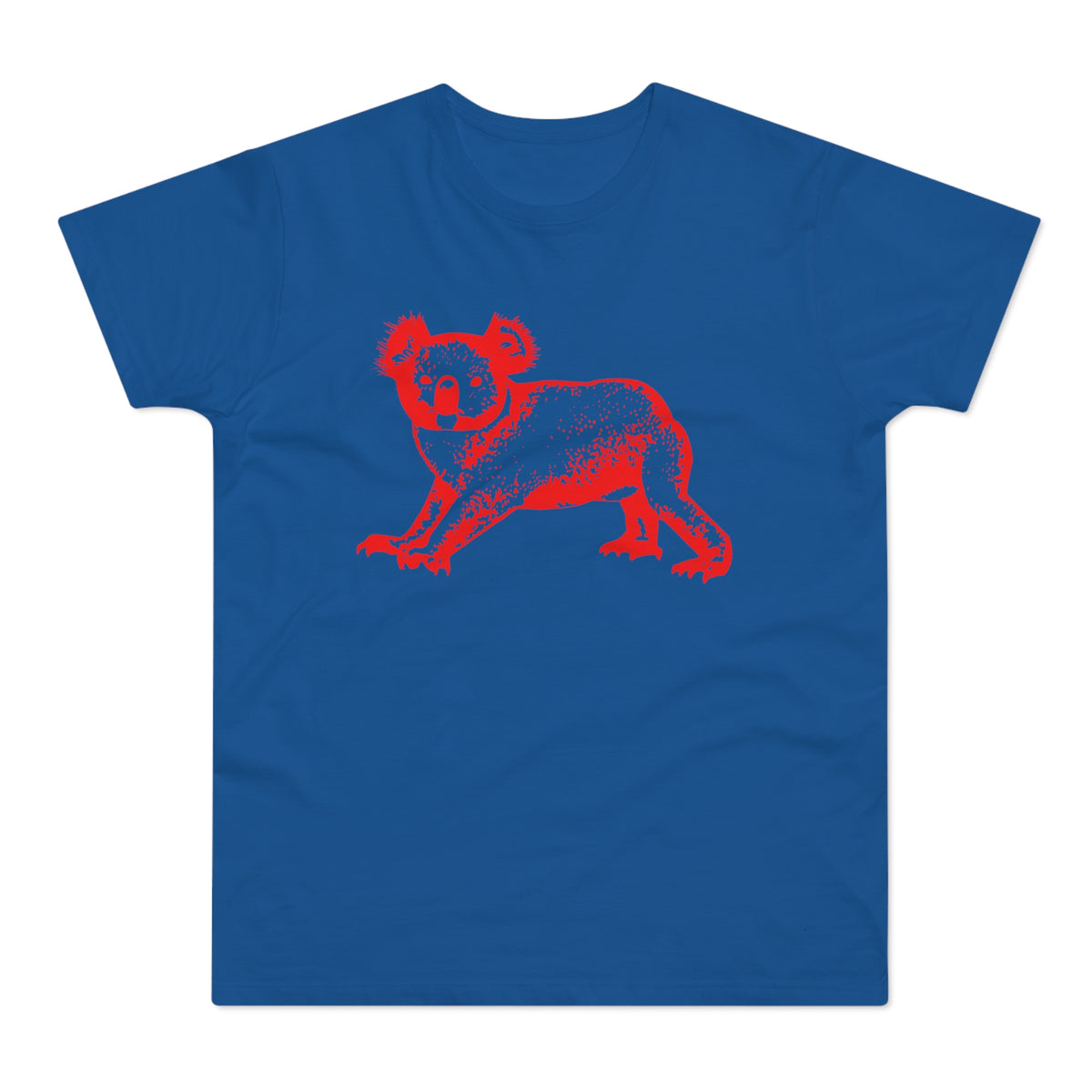 Blue t-shirt with a distressed red koala graphic.