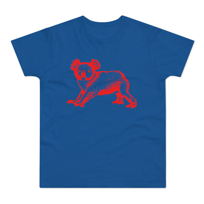 Blue t-shirt with a distressed red koala graphic.