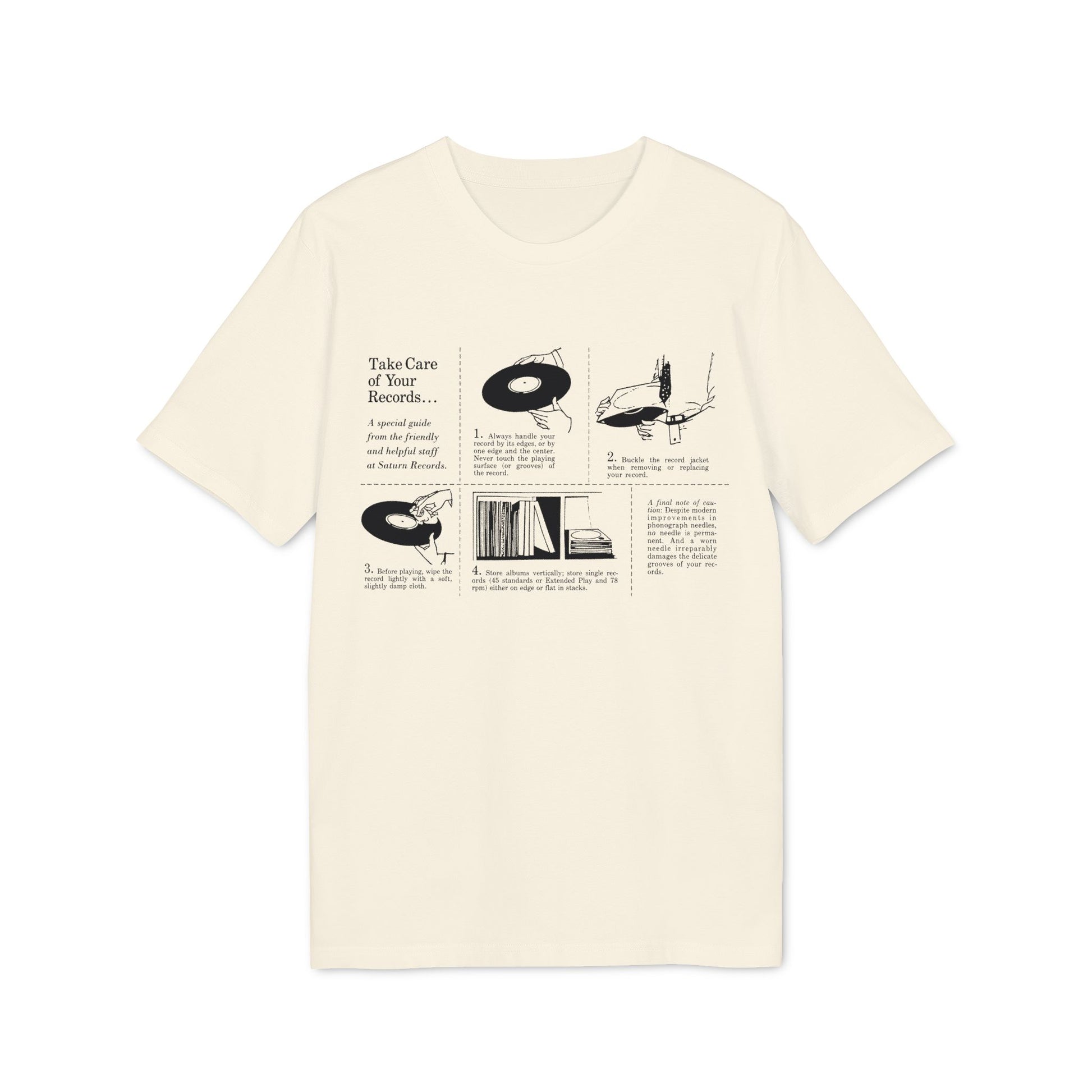 T-shirt graphic with instructions on how to care for vinyl records.