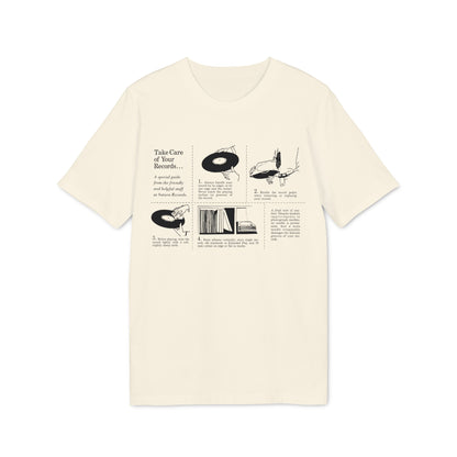 T-shirt graphic with instructions on how to care for vinyl records.