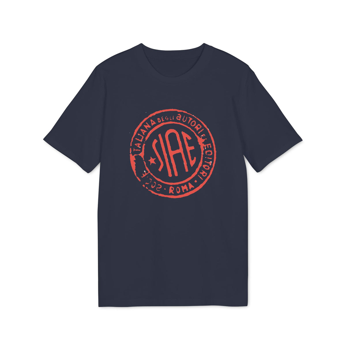 A dark blue t-shirt with a red circular stamp graphic reading "SIAE Roma" on the chest.