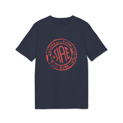A dark blue t-shirt with a red circular stamp graphic reading "SIAE Roma" on the chest.