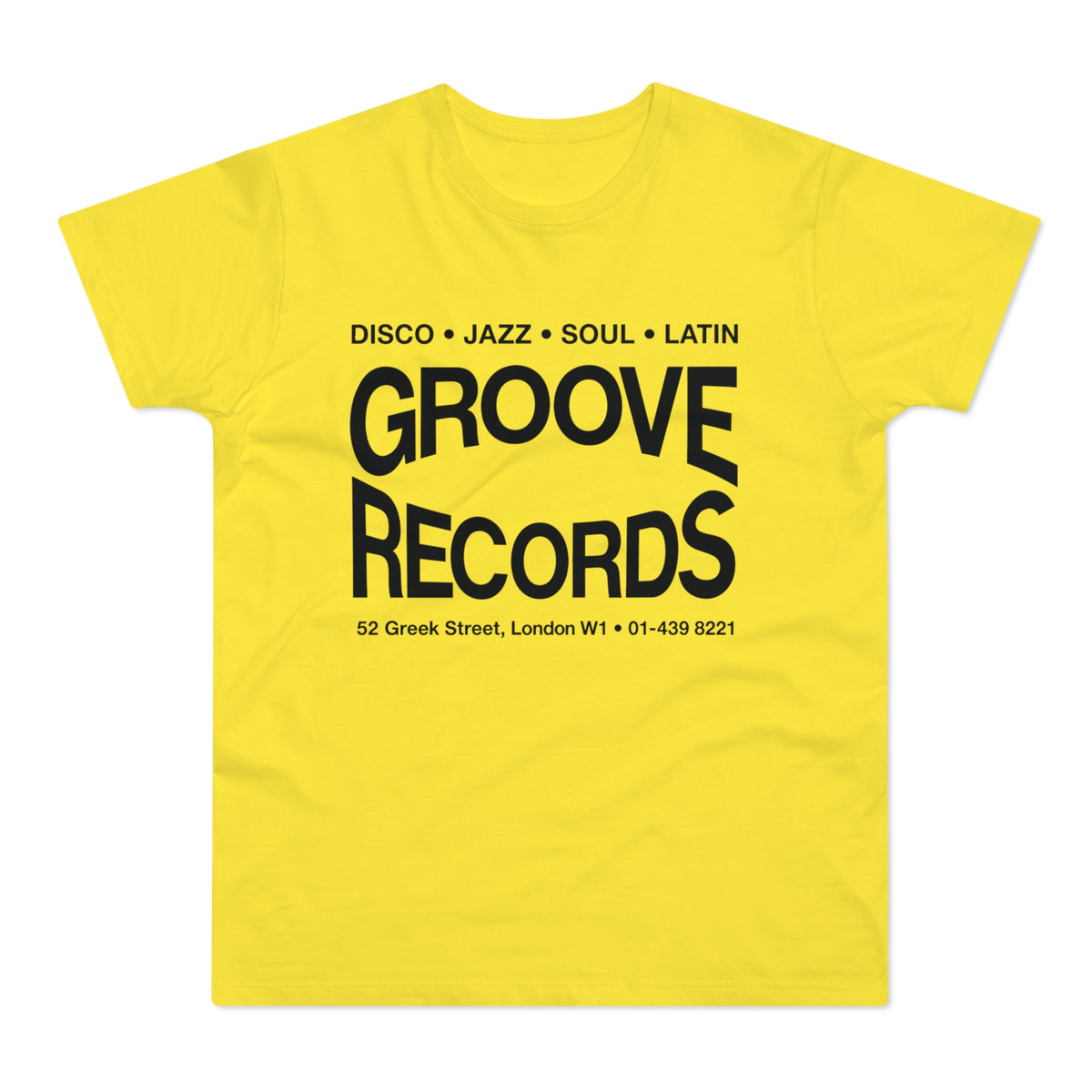 Yellow t-shirt with "Groove Records" in black text and music genres.