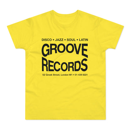 Yellow t-shirt with "Groove Records" in black text and music genres.