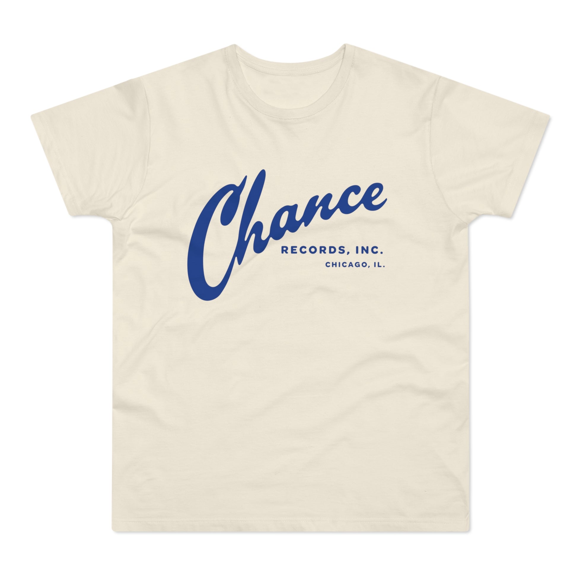 Cream t-shirt with blue "Chance Records Inc. Chicago, IL." text.