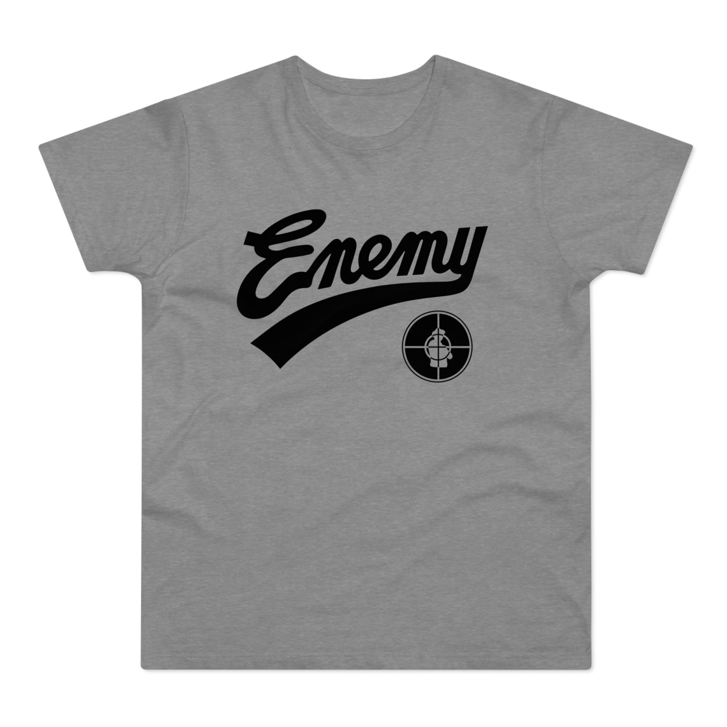 Grey t-shirt with black "Enemy" text and a circular target logo.
