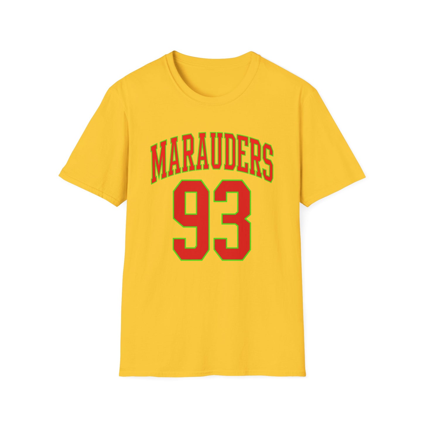 Yellow t-shirt with "Marauders 93" printed in red and green.