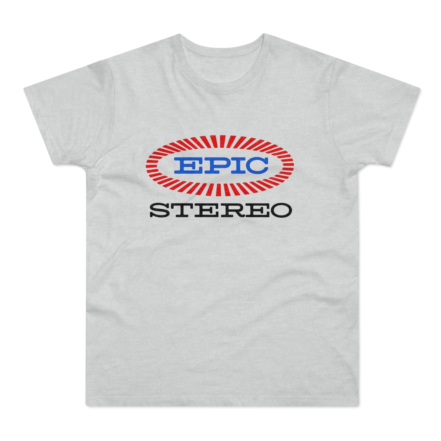 Light gray t-shirt with oval "EPIC STEREO" logo in red and blue.