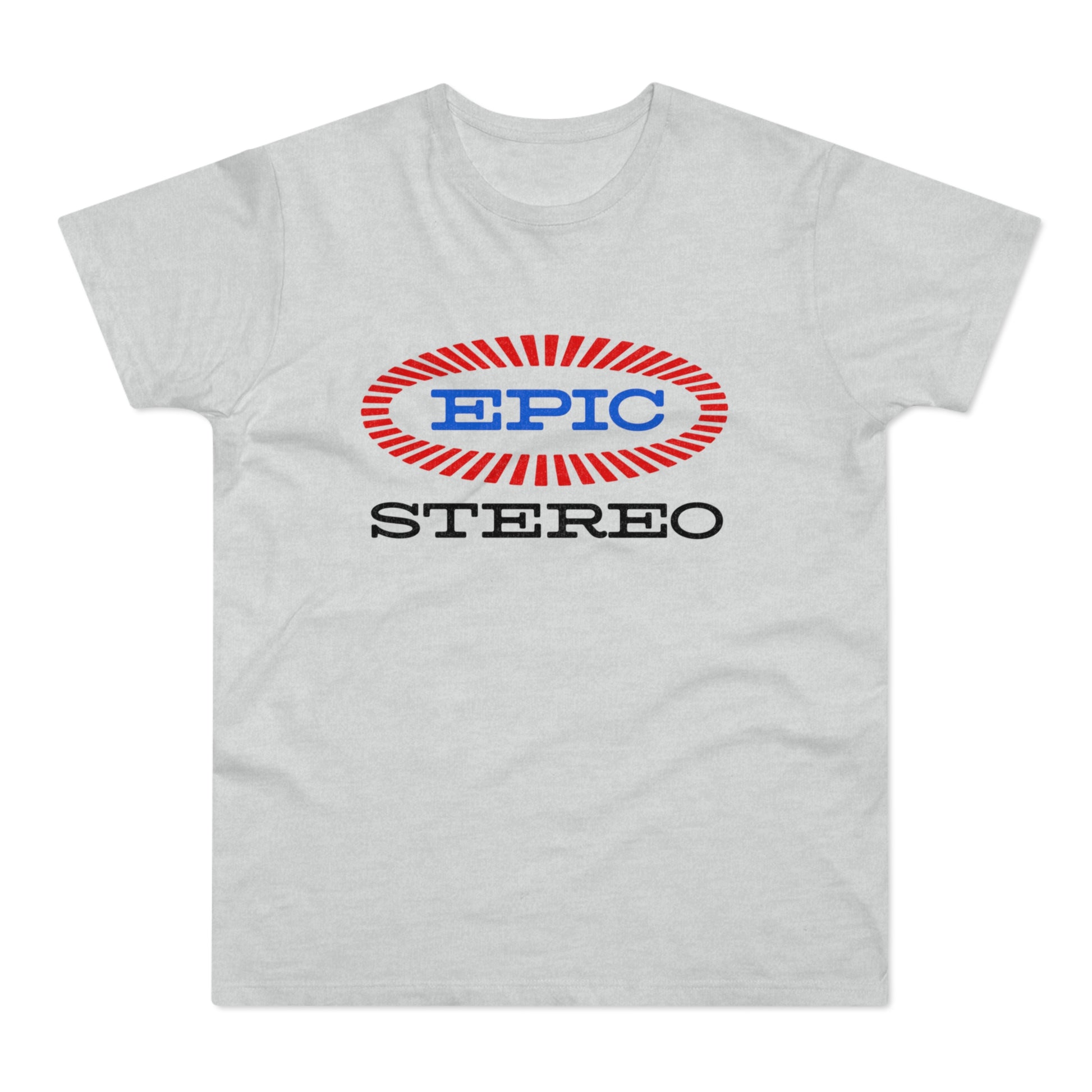 Light gray t-shirt with oval "EPIC STEREO" logo in red and blue.