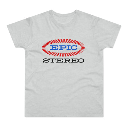 Light gray t-shirt with oval "EPIC STEREO" logo in red and blue.