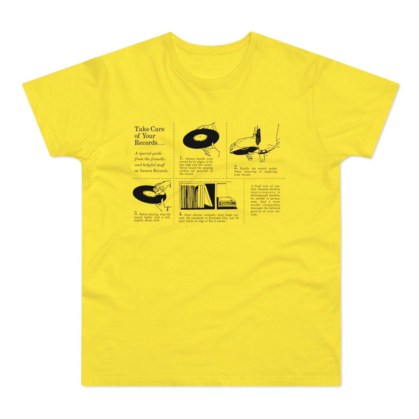 Yellow t-shirt with instructions on taking care of vinyl records.
