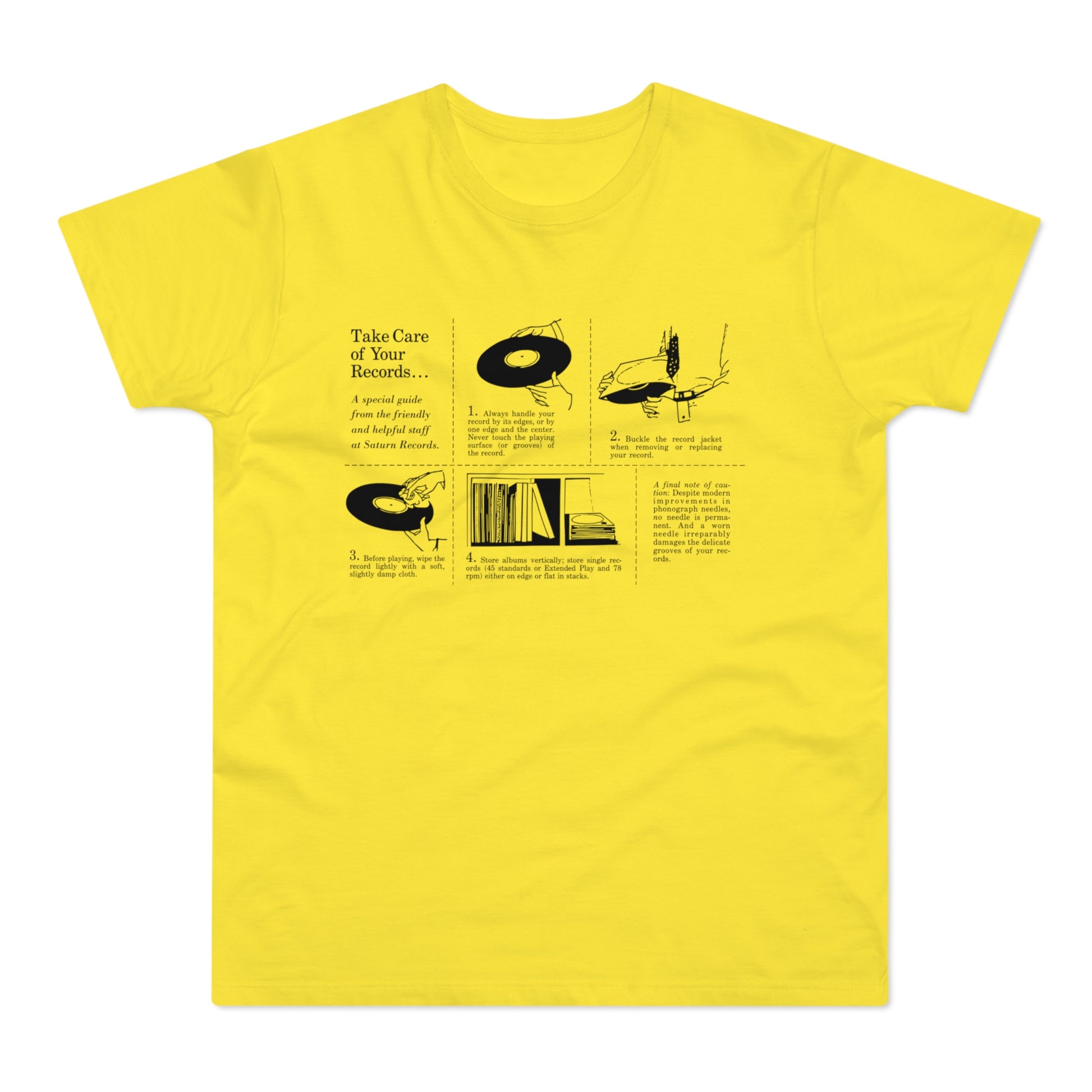 Yellow t-shirt with instructions on taking care of vinyl records.