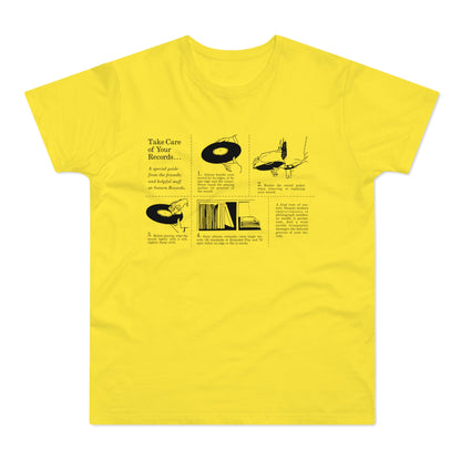 Yellow t-shirt with instructions on taking care of vinyl records.