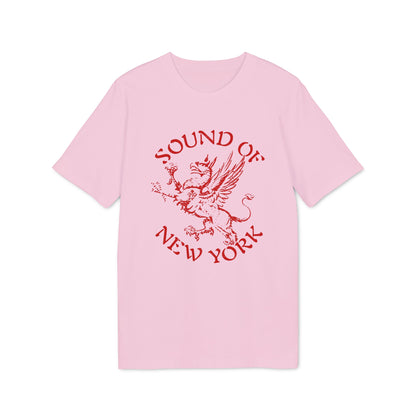 A light pink short-sleeve t-shirt with a red graphic of a griffin and the text Sound of New York.