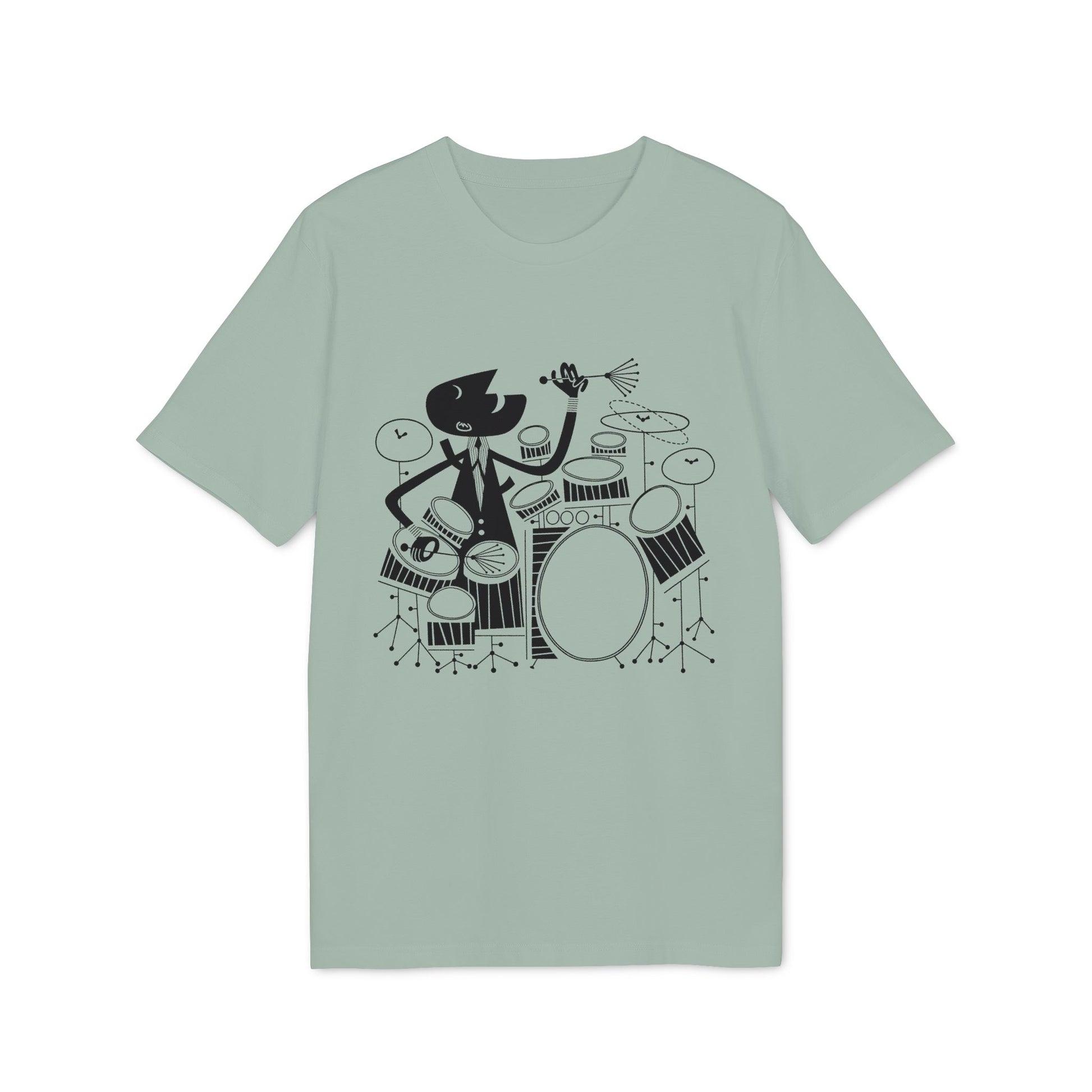 Black cartoon drummer playing drum set with sticks.