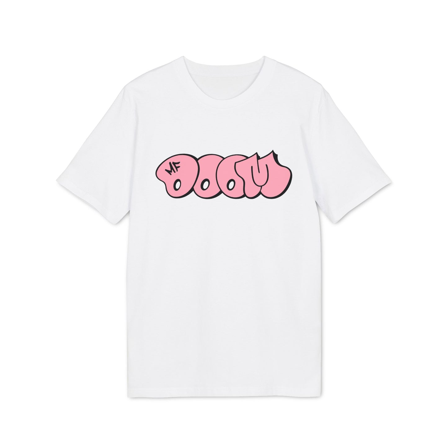 White t-shirt with pink bubble lettering saying "DOOM" and "MF".