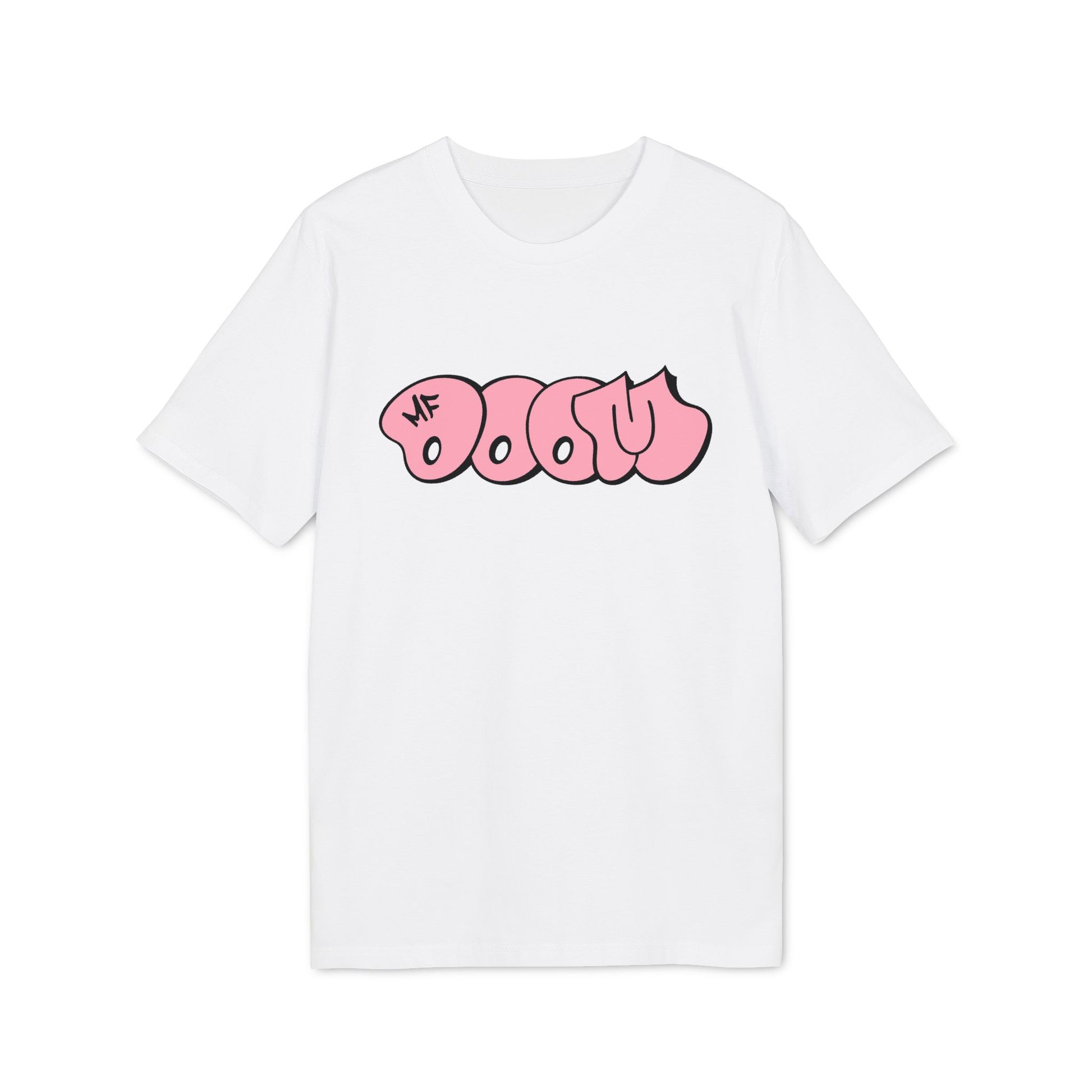 White t-shirt with pink bubble lettering saying "DOOM" and "MF".