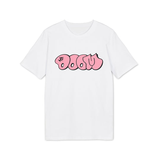 White t-shirt with pink bubble lettering saying "DOOM" and "MF".