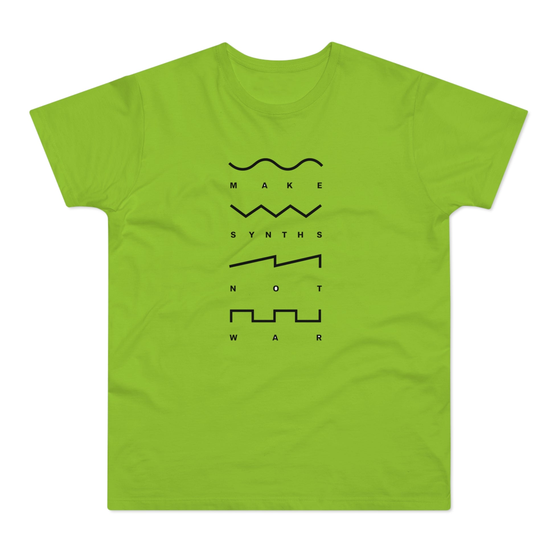 Green t-shirt with black text and synth waveform graphics that spell "Make Synths Not War".