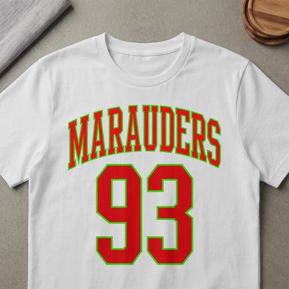White t-shirt with red "Marauders" text and red number "93" bordered in green.