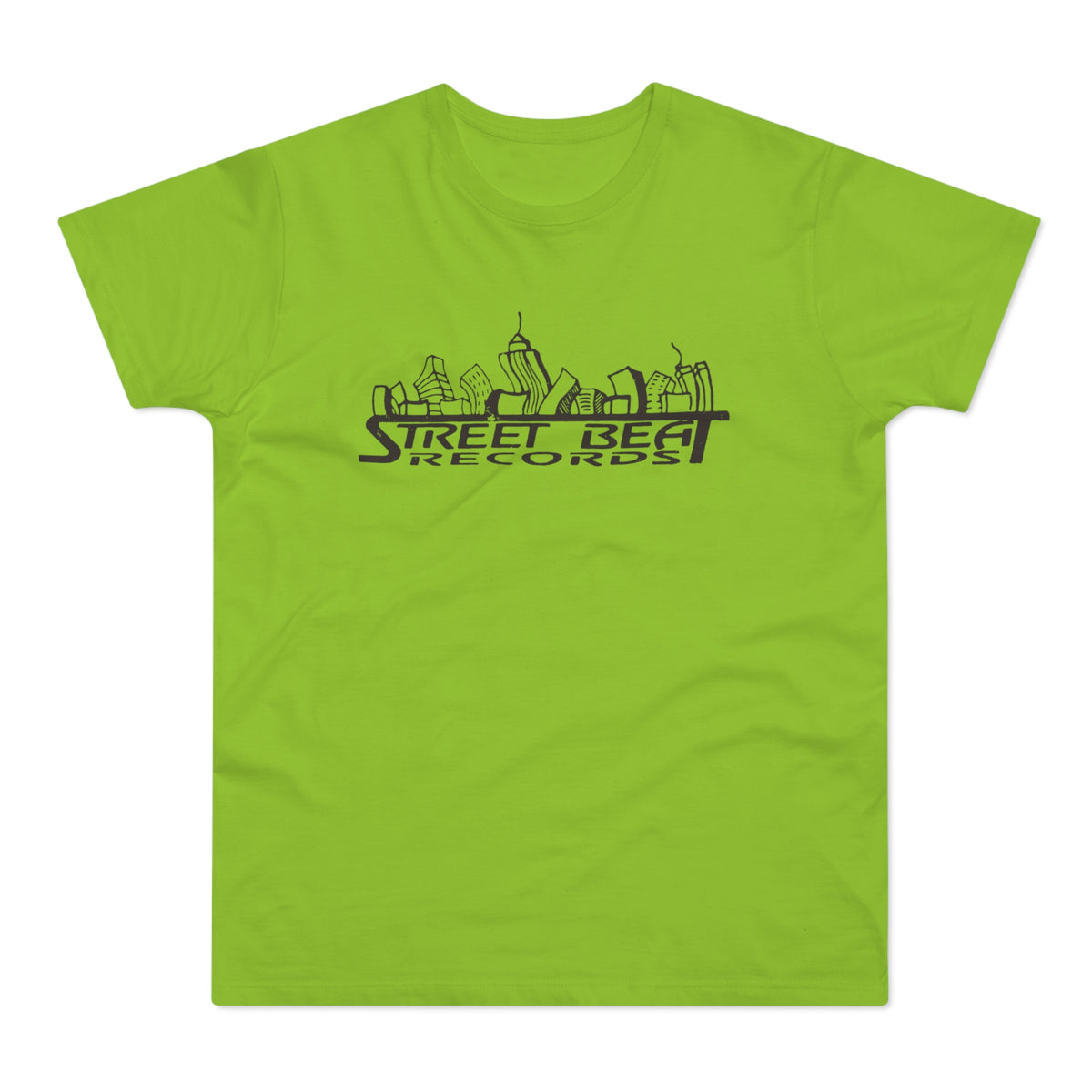 Lime green t-shirt with black "Street Beat Records" text and skyline graphic.