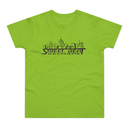 Lime green t-shirt with black "Street Beat Records" text and skyline graphic.
