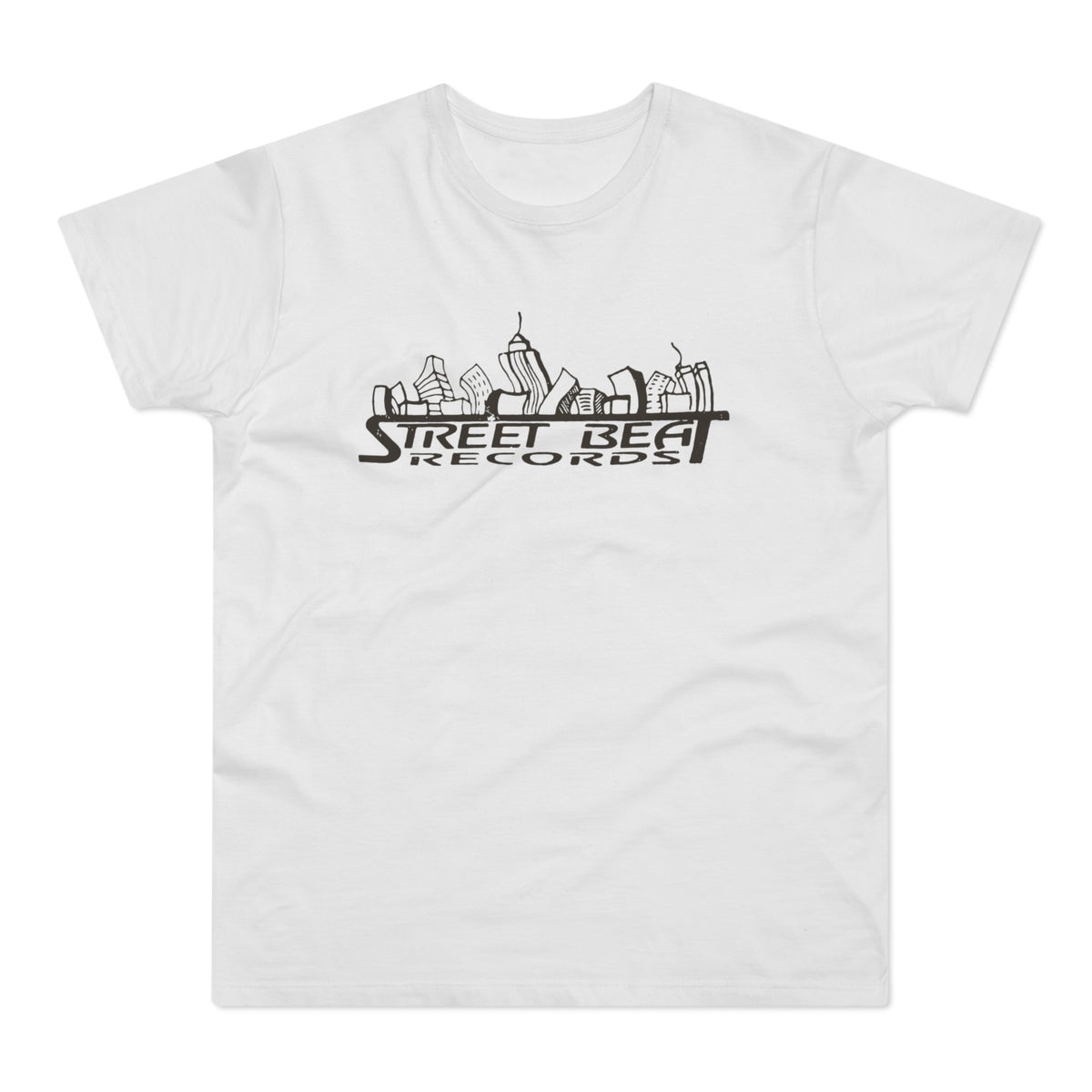 White t-shirt with black Street Beat Records logo and skyline graphic.