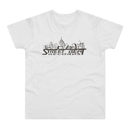 White t-shirt with black Street Beat Records logo and skyline graphic.