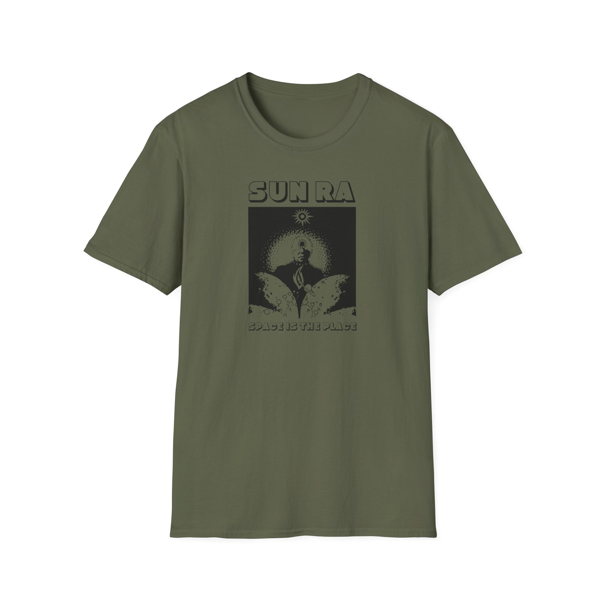 Green t-shirt with black Sun Ra album art and text "Space Is The Place".