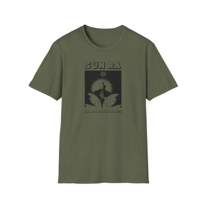 Green t-shirt with black Sun Ra album art and text "Space Is The Place".