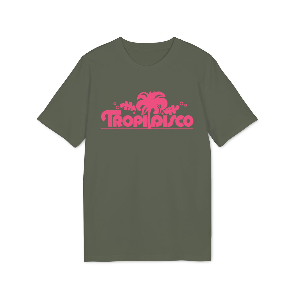An olive green short-sleeved t-shirt featuring a pink graphic of a palm tree and the text Tropi Disco.