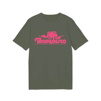 An olive green short-sleeved t-shirt featuring a pink graphic of a palm tree and the text Tropi Disco.