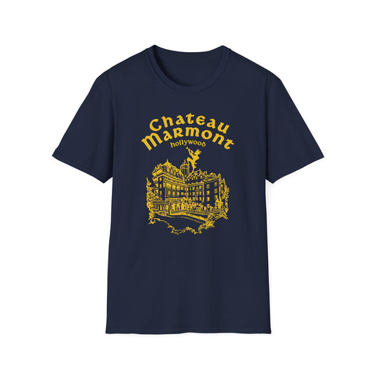Chateau Marmont t-shirt with yellow architectural graphic and text.