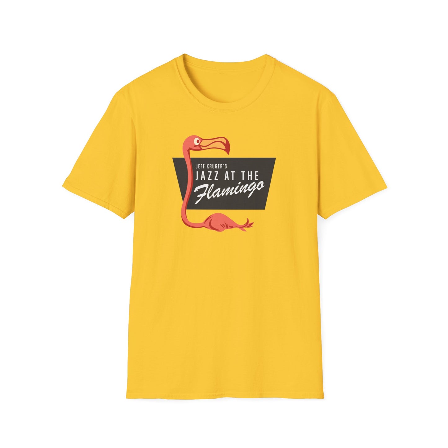 Yellow t-shirt with a pink flamingo and "Jazz at the Flamingo" text.