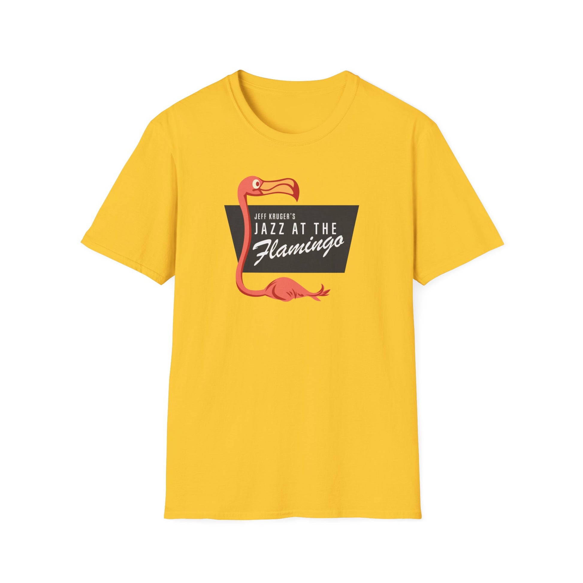 Yellow t-shirt with a pink flamingo and "Jazz at the Flamingo" text.