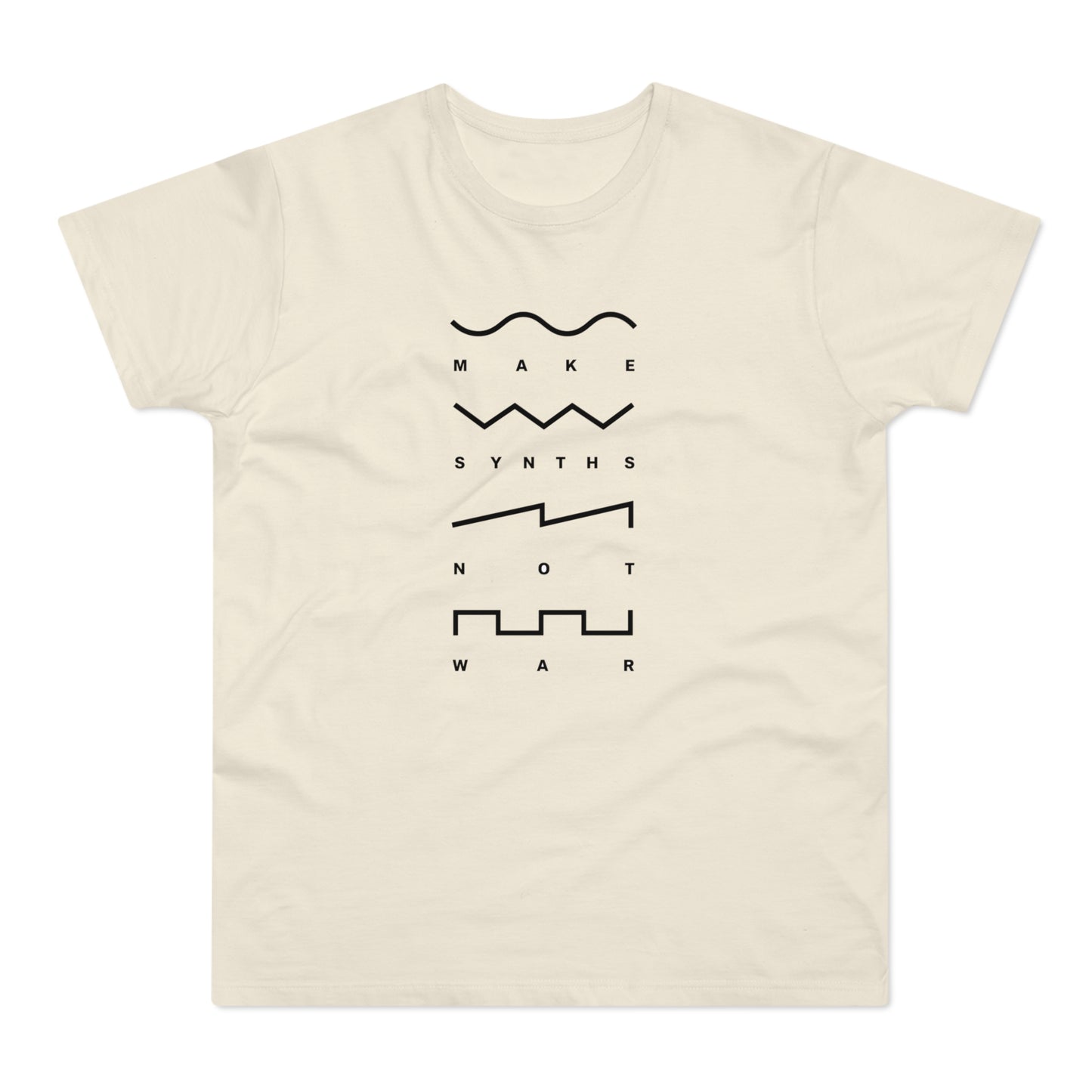 Cream t-shirt with black text and waveforms spelling "Make Synths Not War".